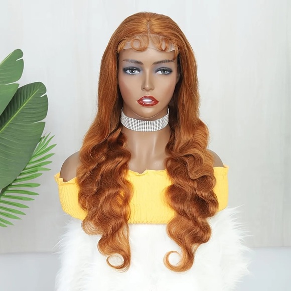 Turmeric Colored 150% Density 4x4 Lace Front Human Hair Body Wave Wig in 28” - Picture 6 of 8